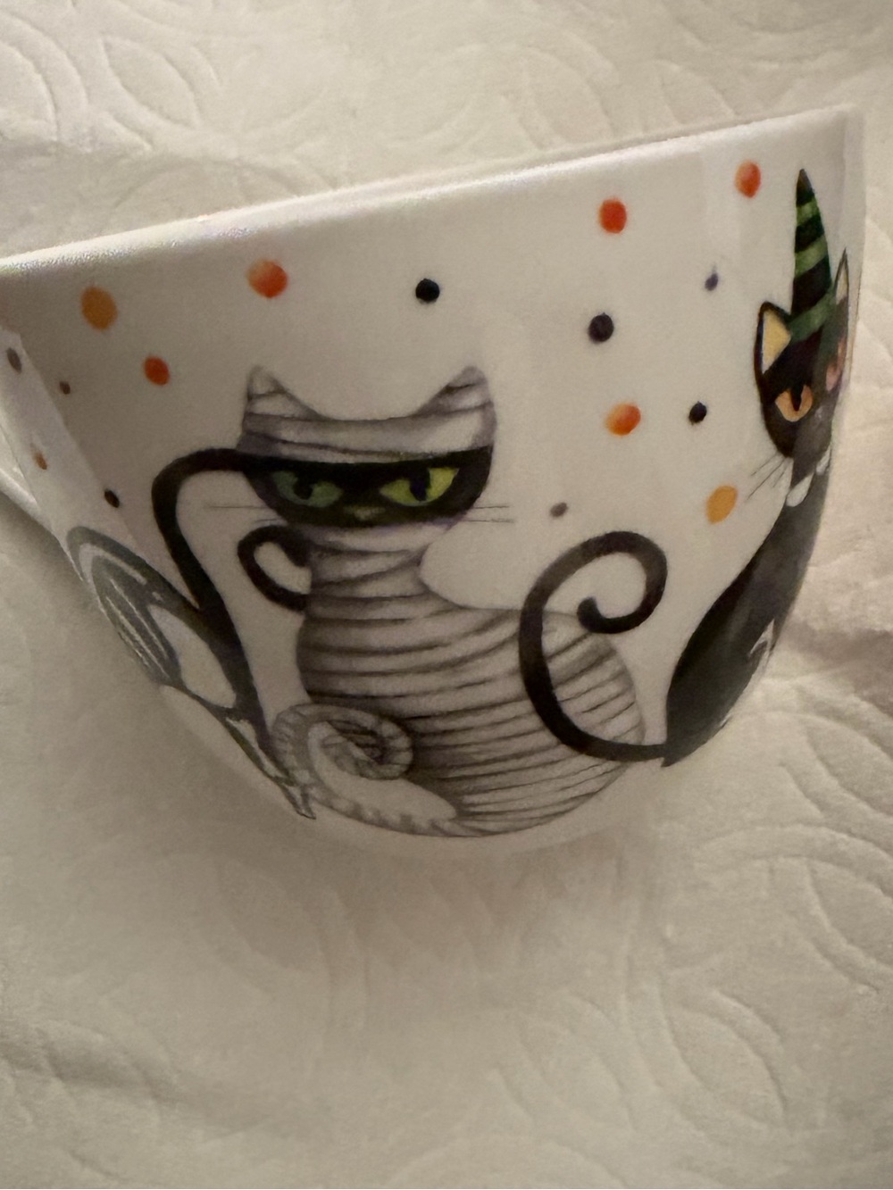 Halloween Cat Ceramic Coffee Mug - White with Black and Orange Cartoon Cats - Picture 6 of 7